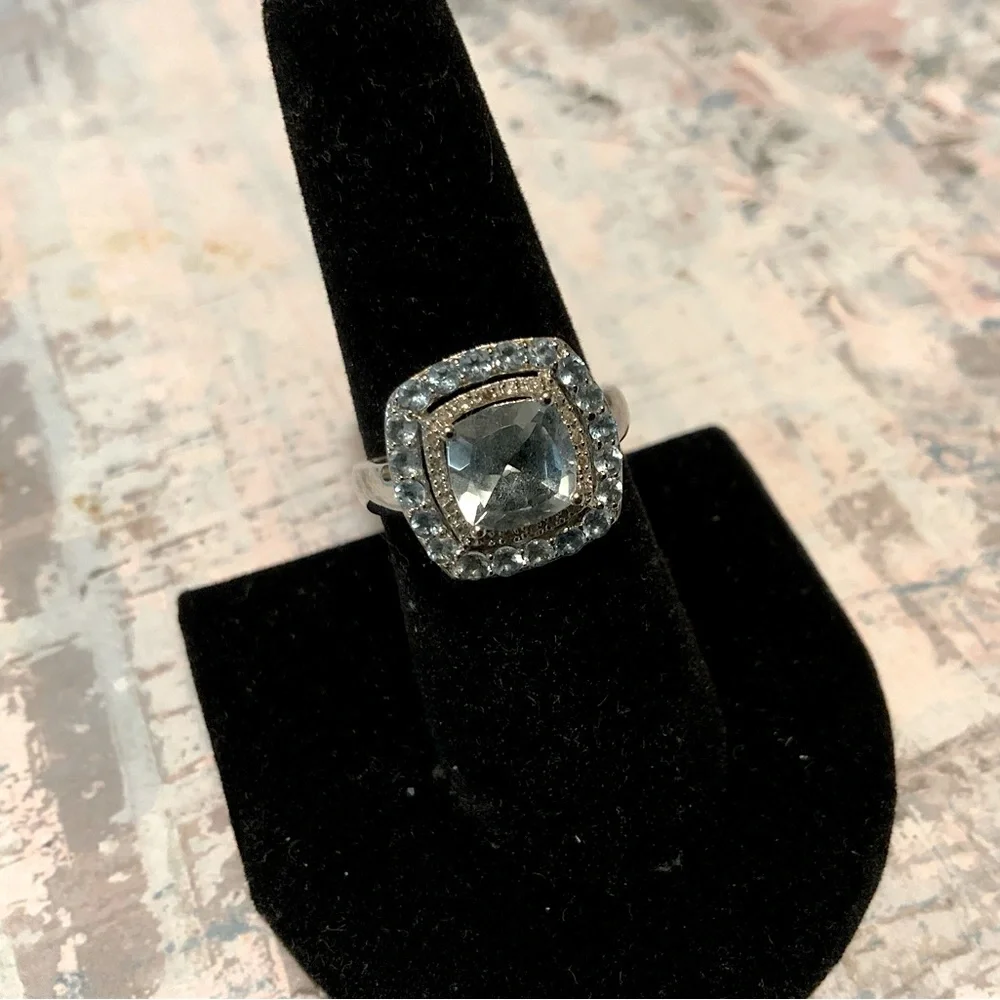 Stunning 10K Cushion-Cut Swiss Blue Topaz & Diamond Ring - Double Halo - Sz 6.75 - Picture 2 of 16